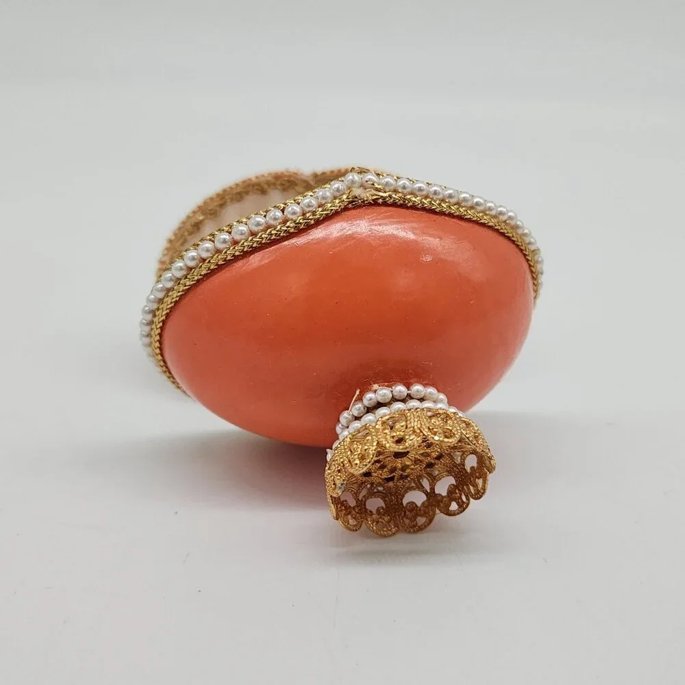 Decorative Egg Shaped Jewelry Trinket Box Faux Pearl Velvet Floral 2.5